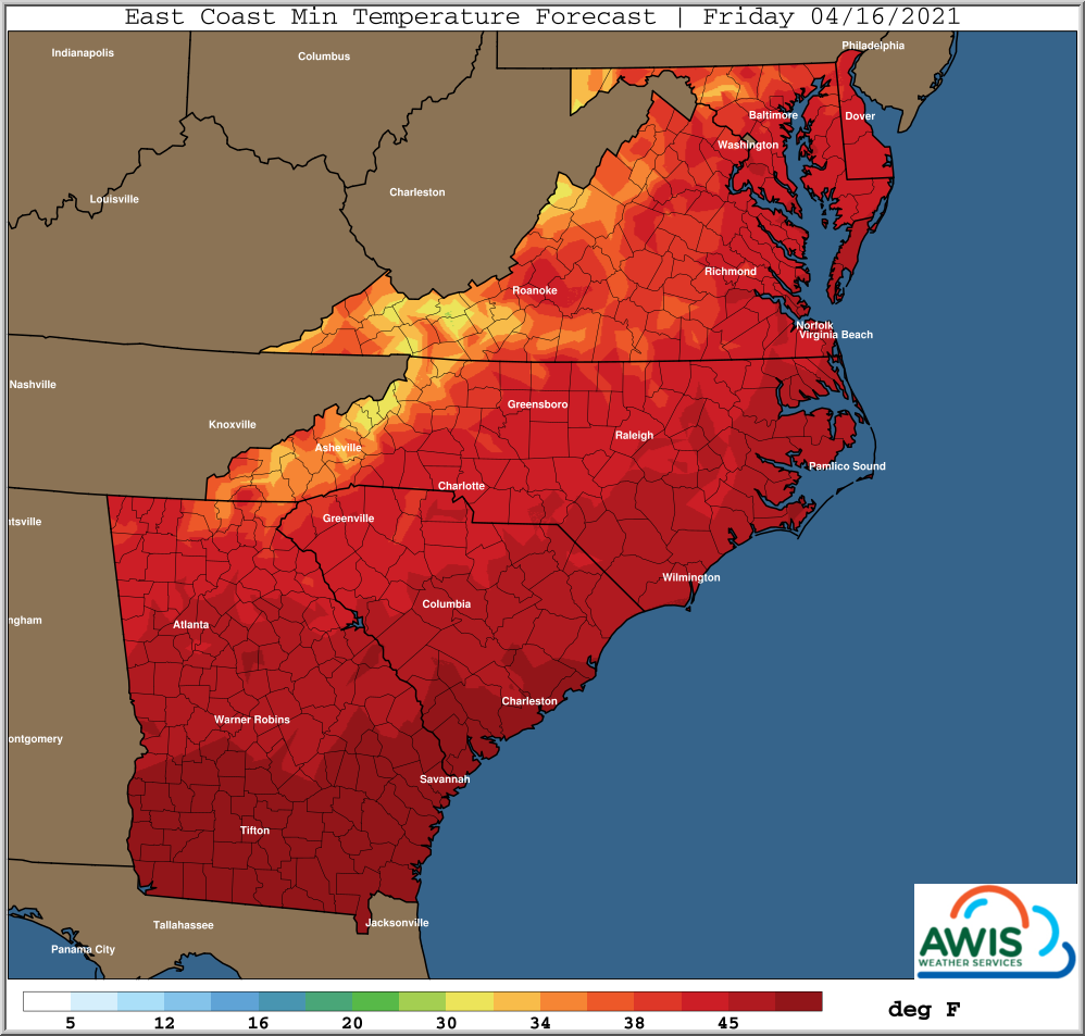 Minimum temperature for Friday map