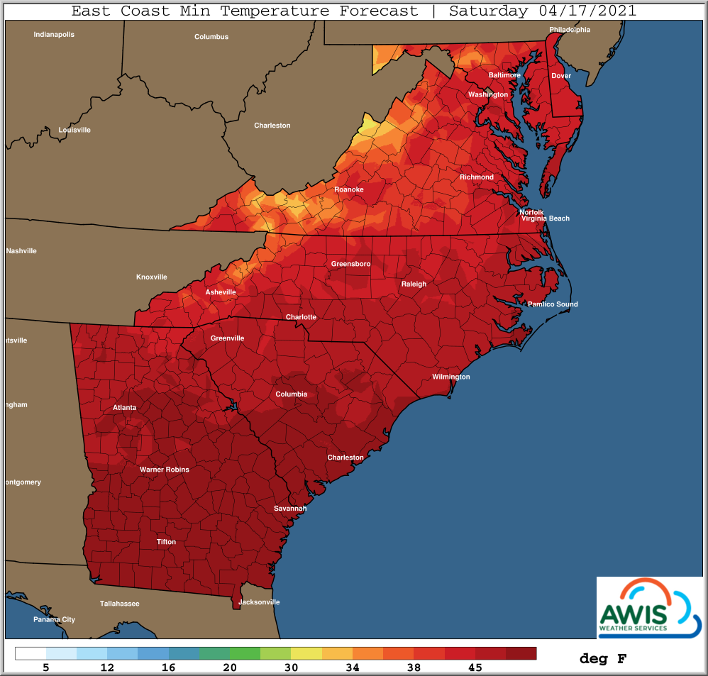 Minimum temperature for Saturday map